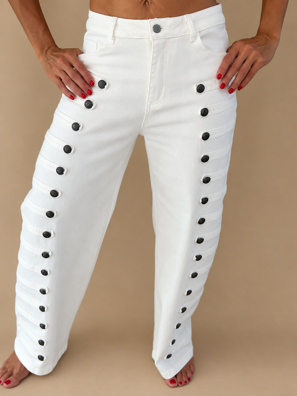 White Button-Detail Wide-Leg Pants
