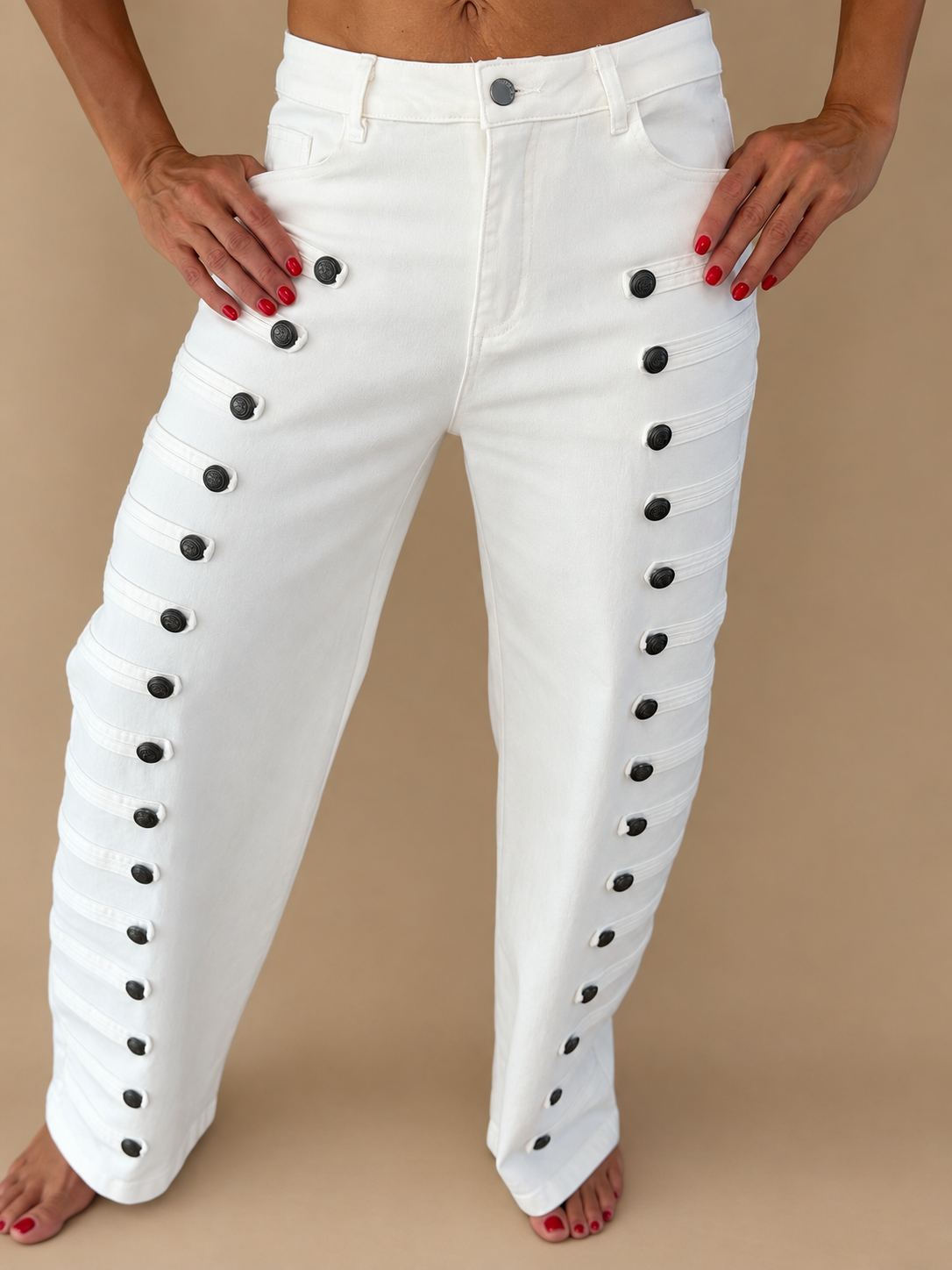 White Button-Detail Wide-Leg Pants