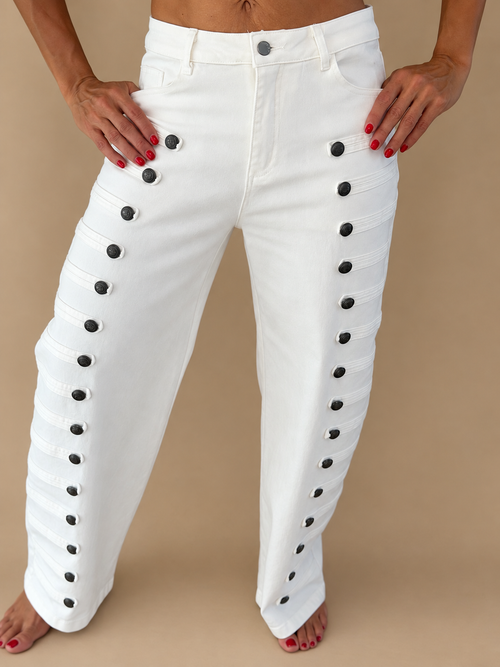 White Button-Detail Wide-Leg Pants