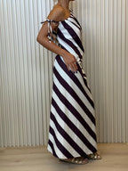 Mocha & Beige Satin Stripe One Shoulder Maxi Dress