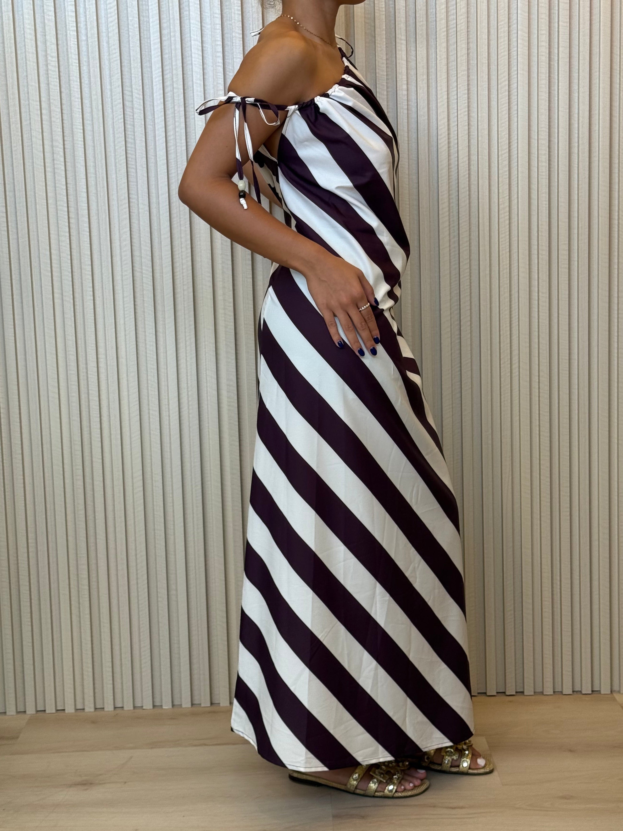 Mocha & Beige Satin Stripe One Shoulder Maxi Dress