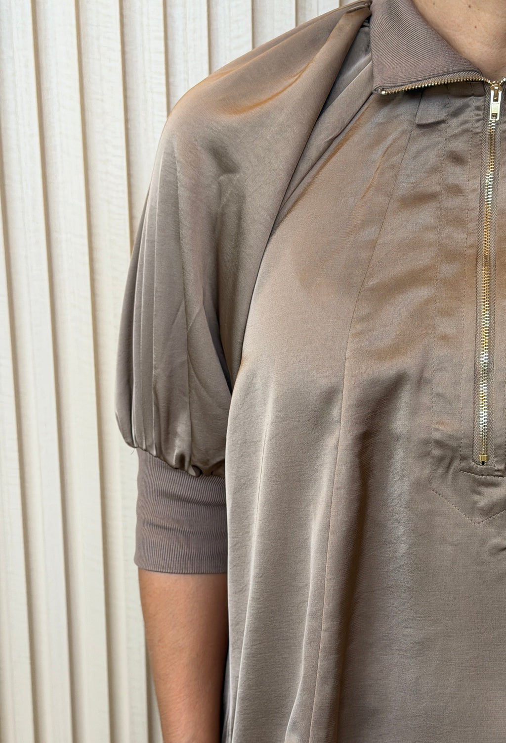 Mock Neck Band Puff Sleeve Blouse