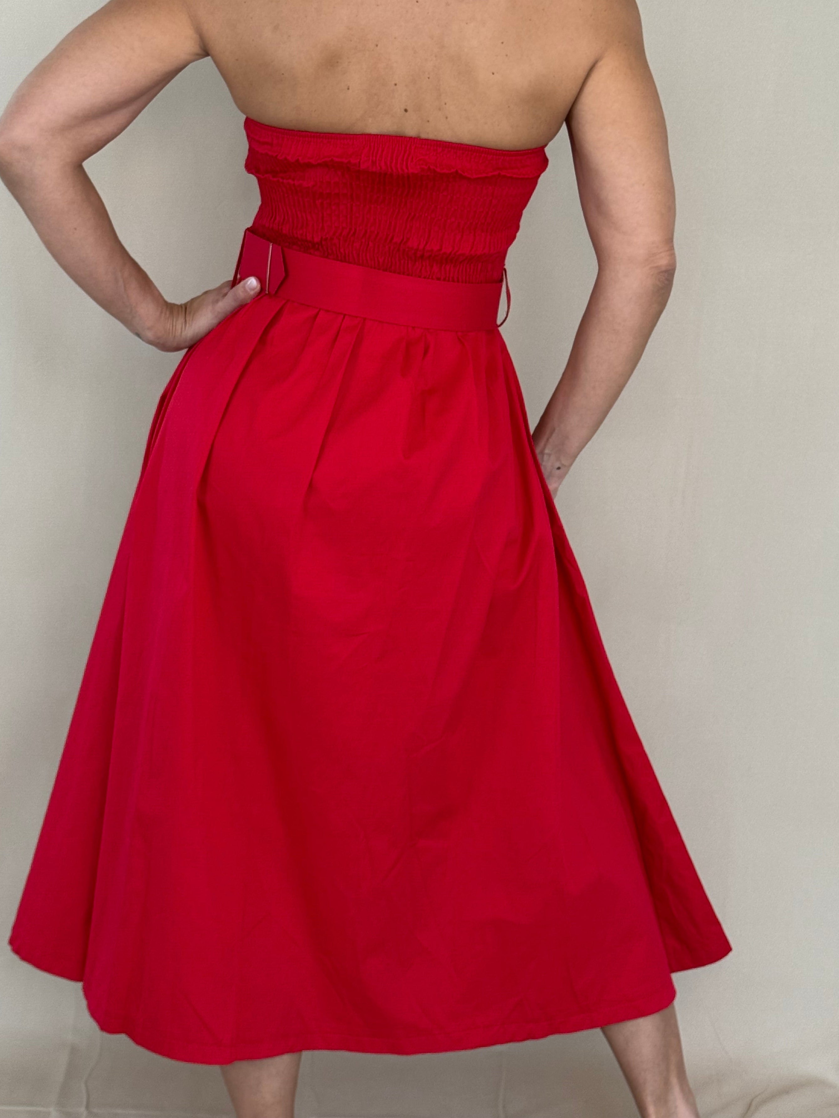 ONE SIZE Red Strapless Belted Midi Dress