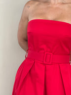 ONE SIZE Red Strapless Belted Midi Dress