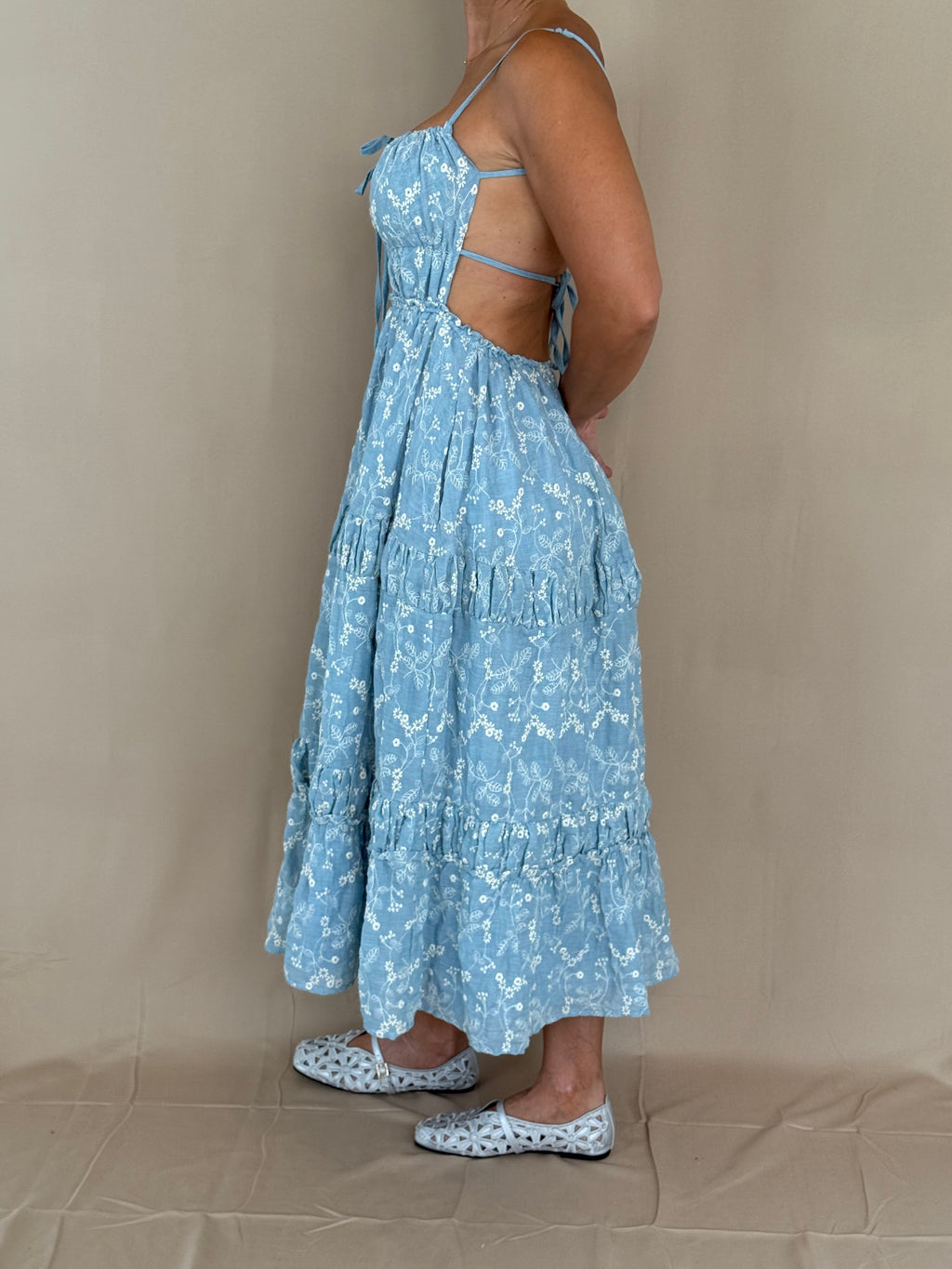 Floral Embroidered Tiered Midi Dress