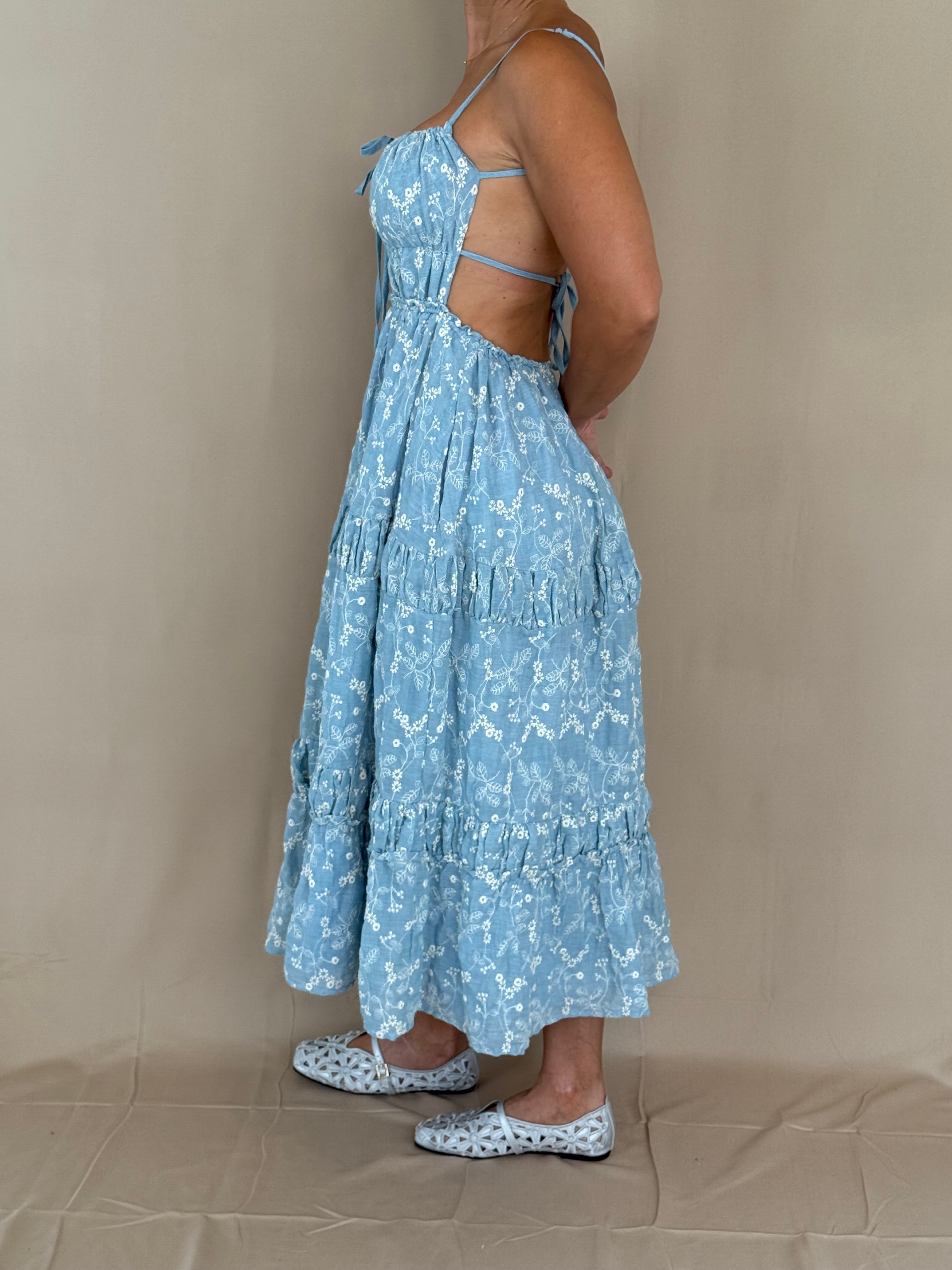 Floral Embroidered Tiered Midi Dress