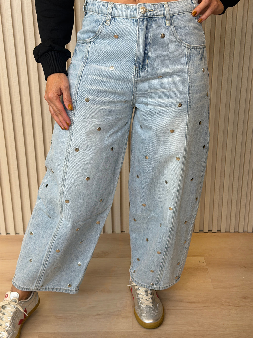 Studded Barrel Denim Pants
