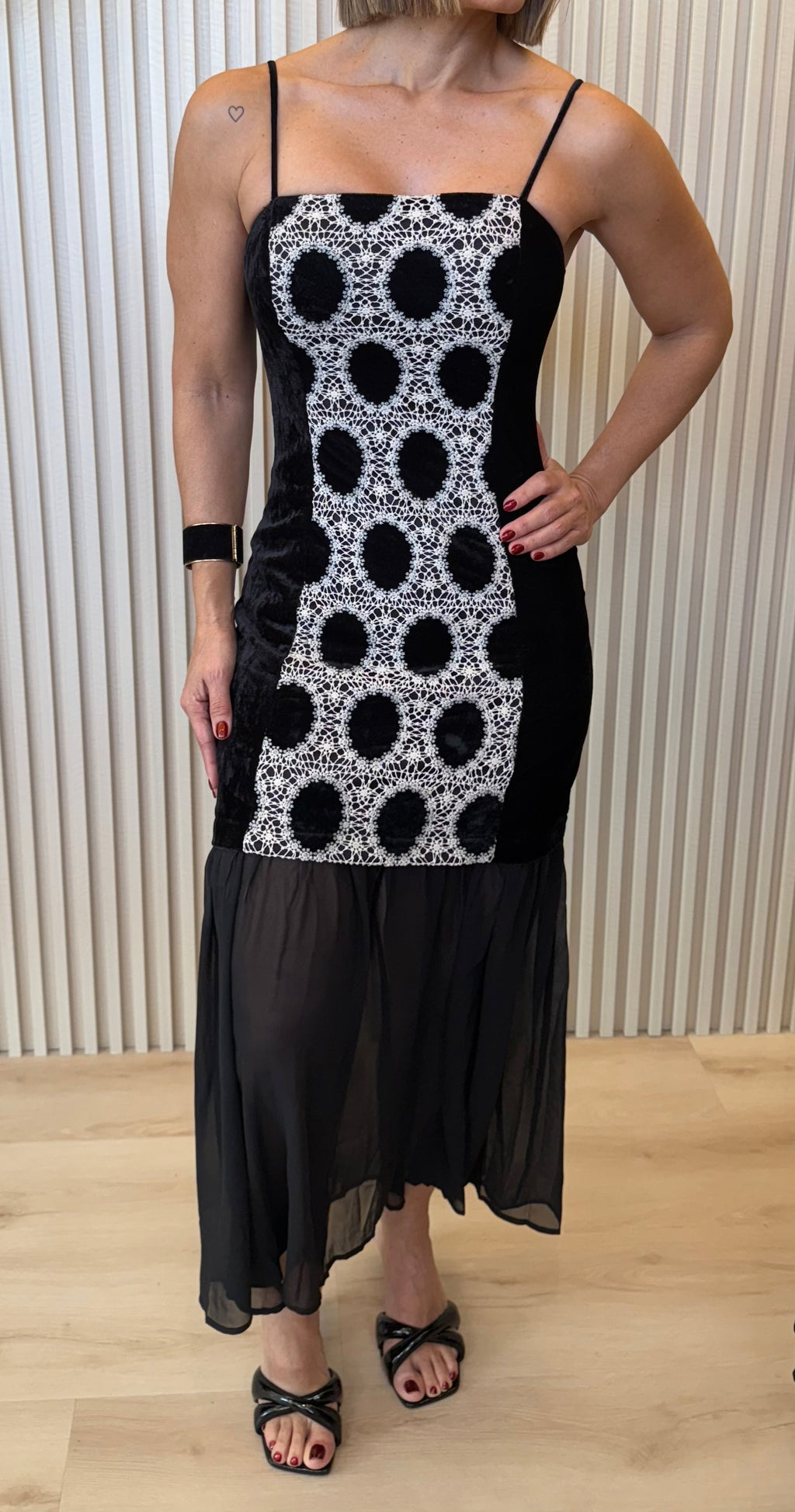 Black Velvet Crochet Mesh Hem Dress