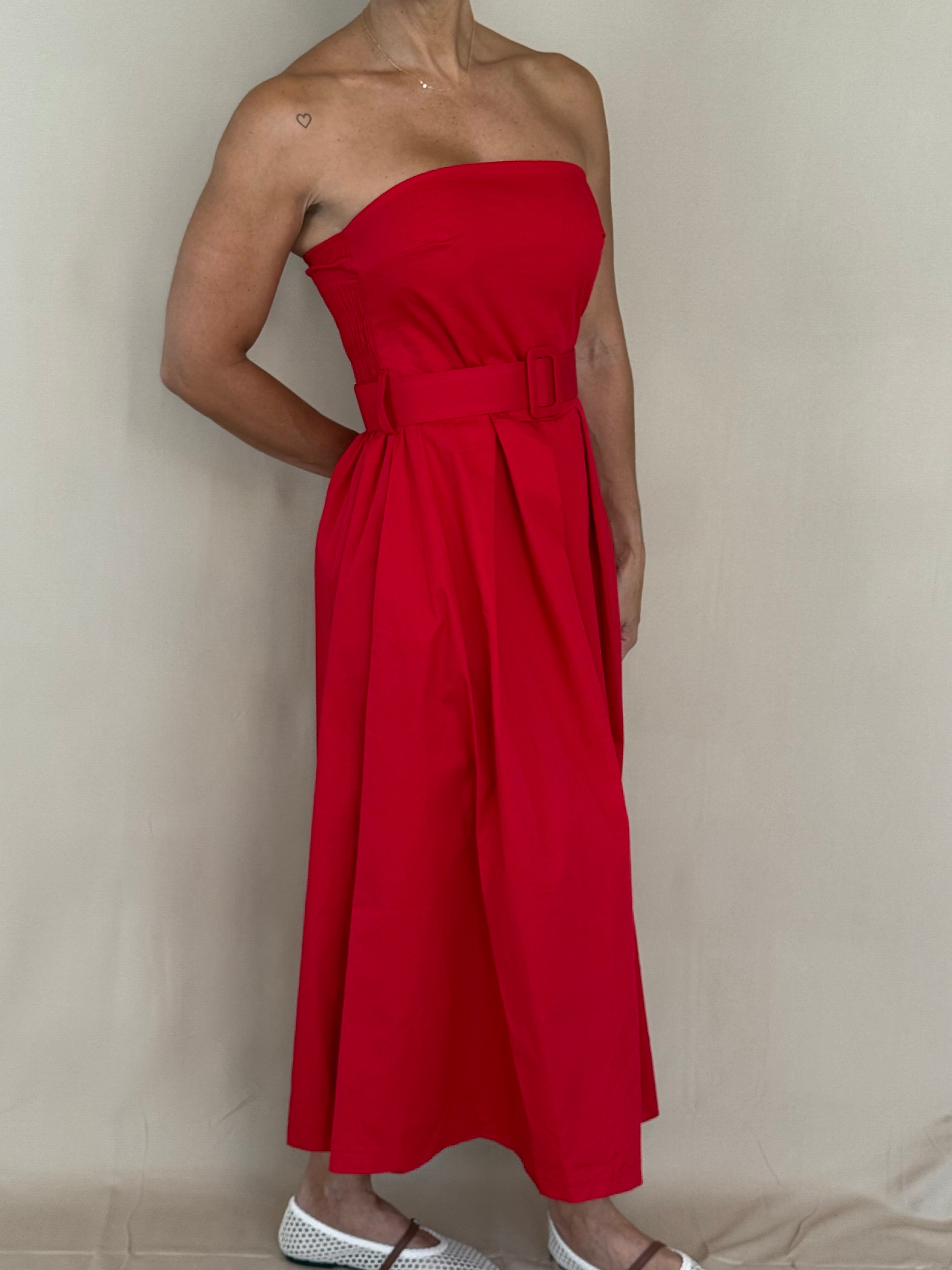 ONE SIZE Red Strapless Belted Midi Dress