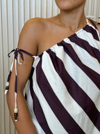 Mocha & Beige Satin Stripe One Shoulder Maxi Dress