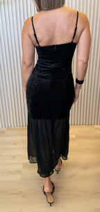 Black Velvet Crochet Mesh Hem Dress