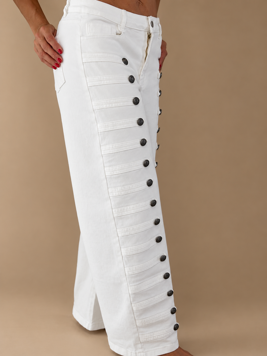 White Button-Detail Wide-Leg Pants