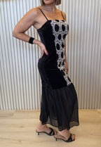 Black Velvet Crochet Mesh Hem Dress