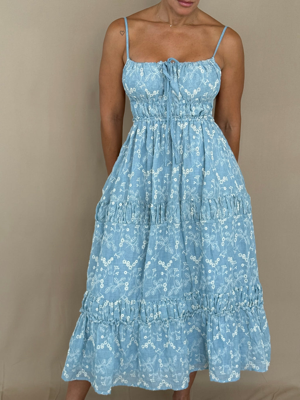 Floral Embroidered Tiered Midi Dress