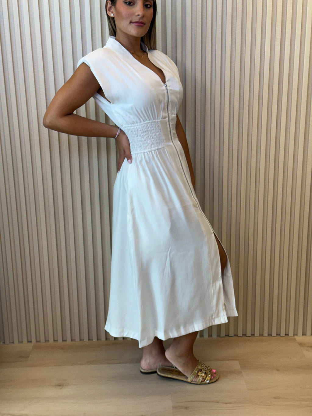 V-Neck Shoulder Padded Dress