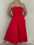 ONE SIZE Red Strapless Belted Midi Dress