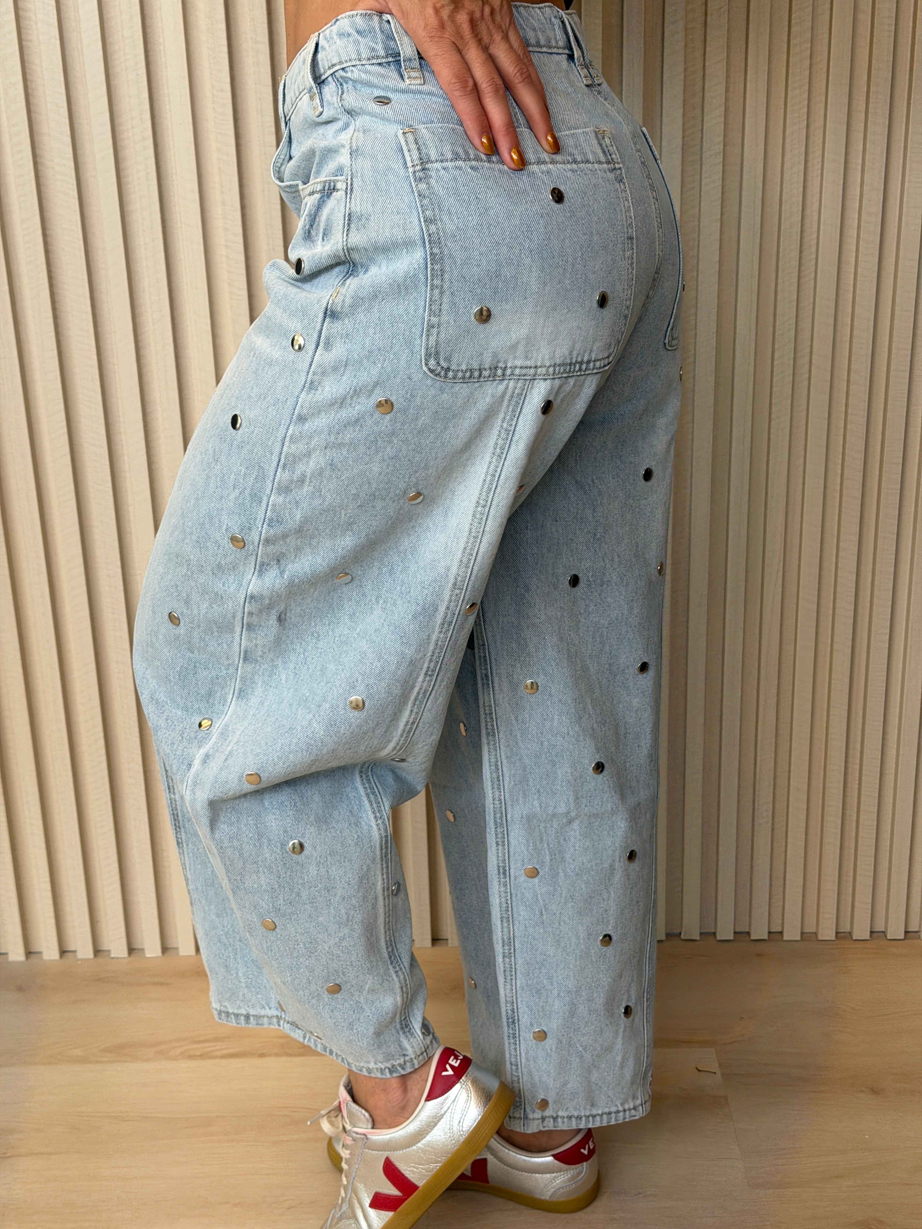 Studded Barrel Denim Pants