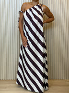Mocha & Beige Satin Stripe One Shoulder Maxi Dress