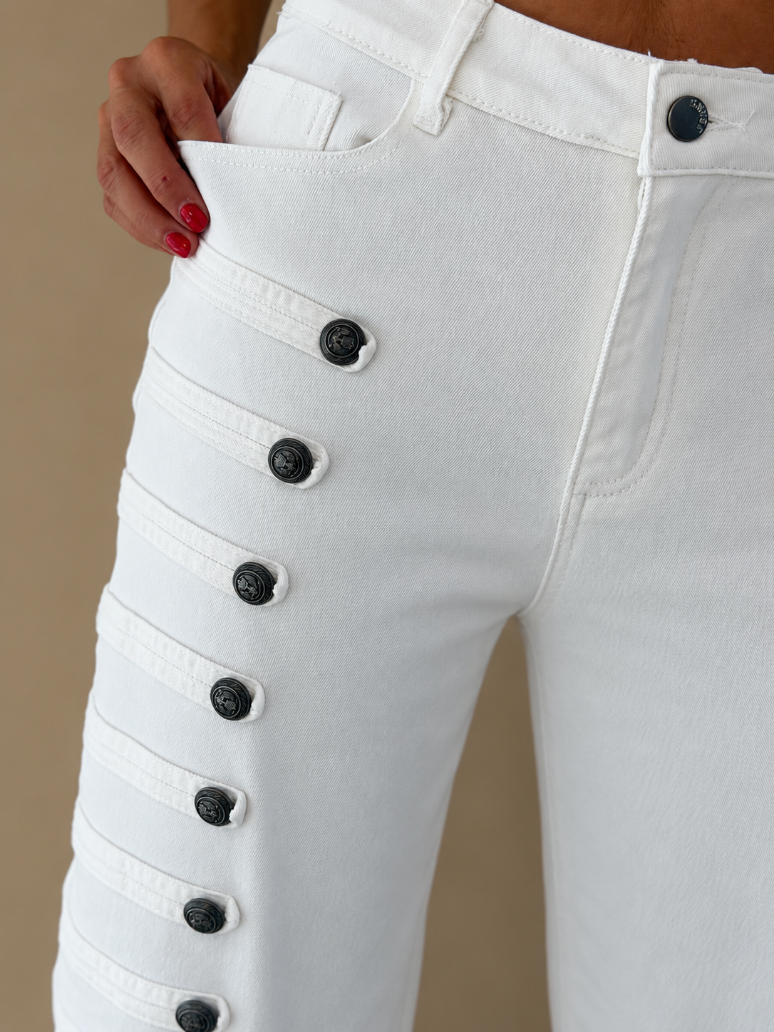 White Button-Detail Wide-Leg Pants