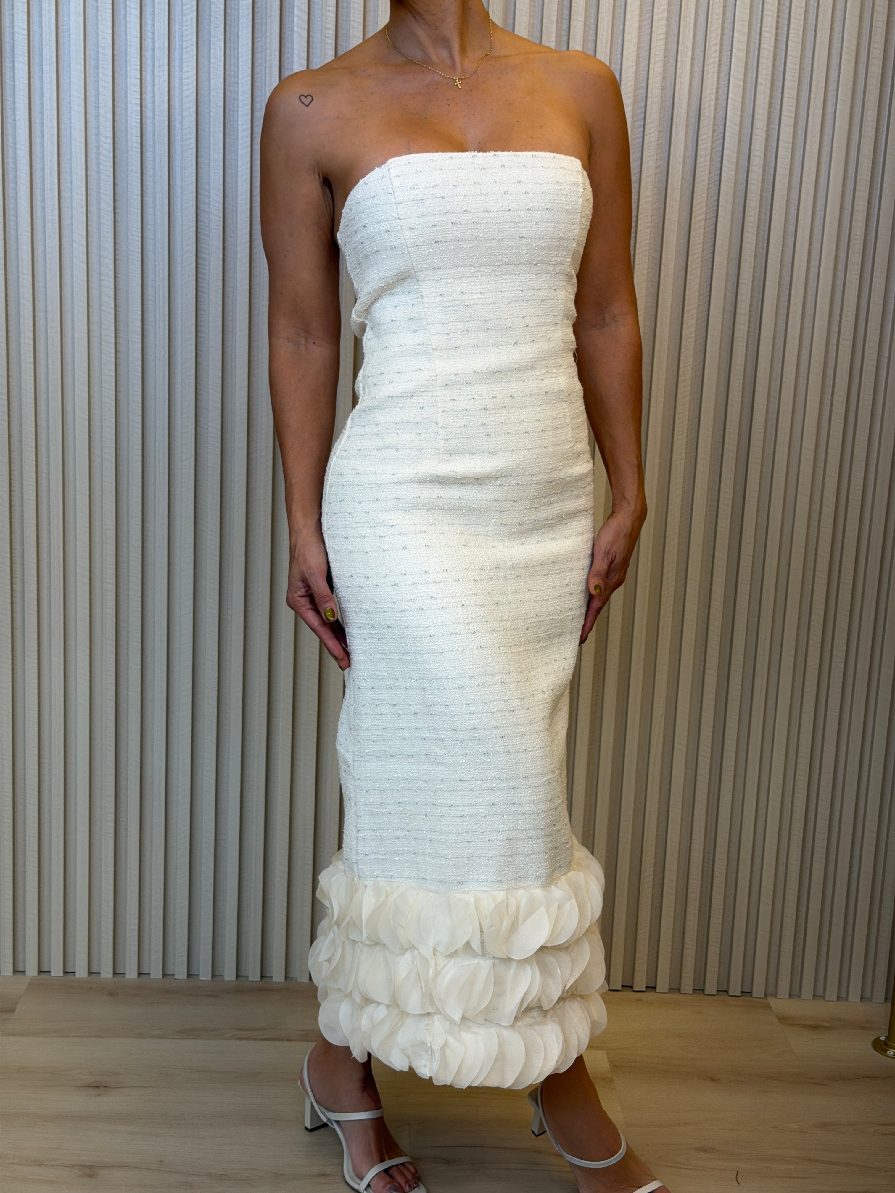 Tweed Strapless Dress With 3d Contrast