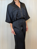 Satin Lapel Collar V-Neck Set