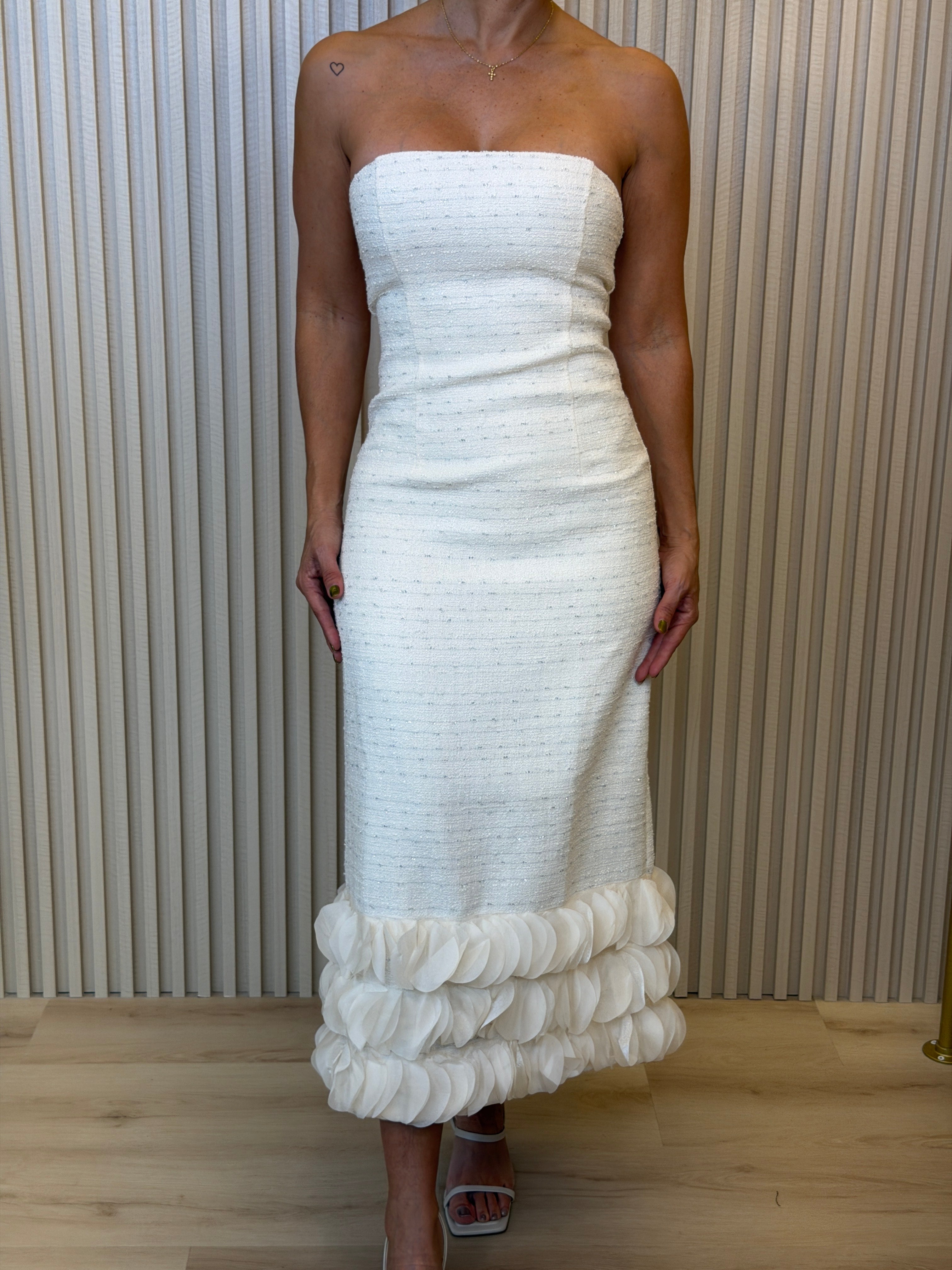 Tweed Strapless Dress With 3d Contrast