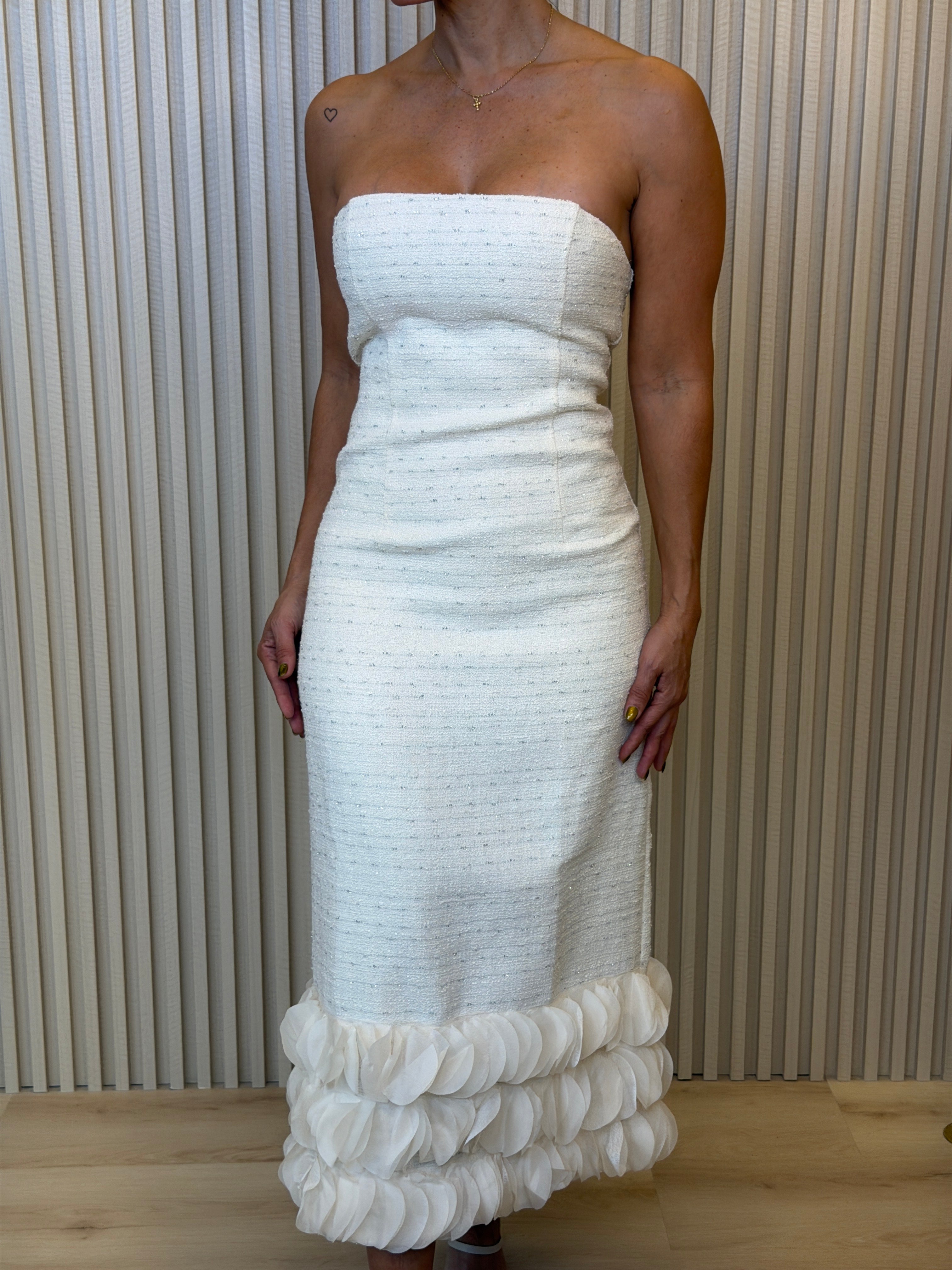 Tweed Strapless Dress With 3d Contrast