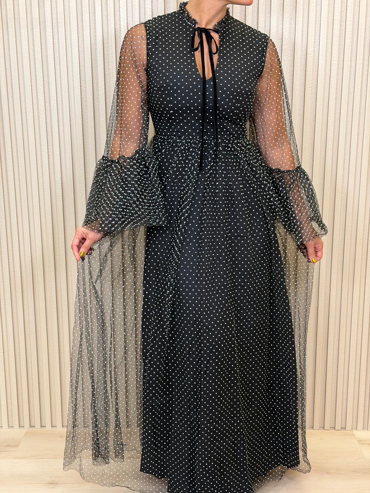 Polka Dot Mesh Layered Sleeve Maxi Dress