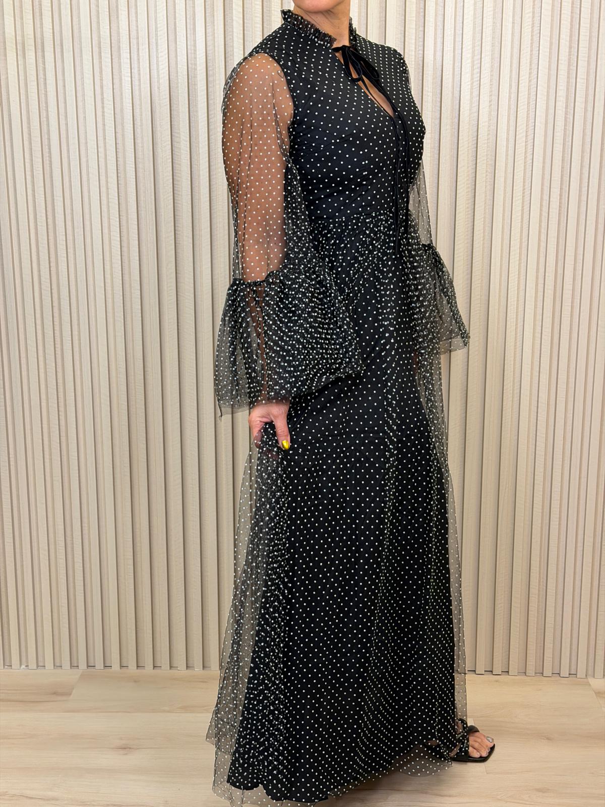 Polka Dot Mesh Layered Sleeve Maxi Dress