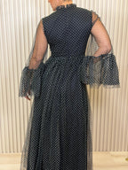 Polka Dot Mesh Layered Sleeve Maxi Dress