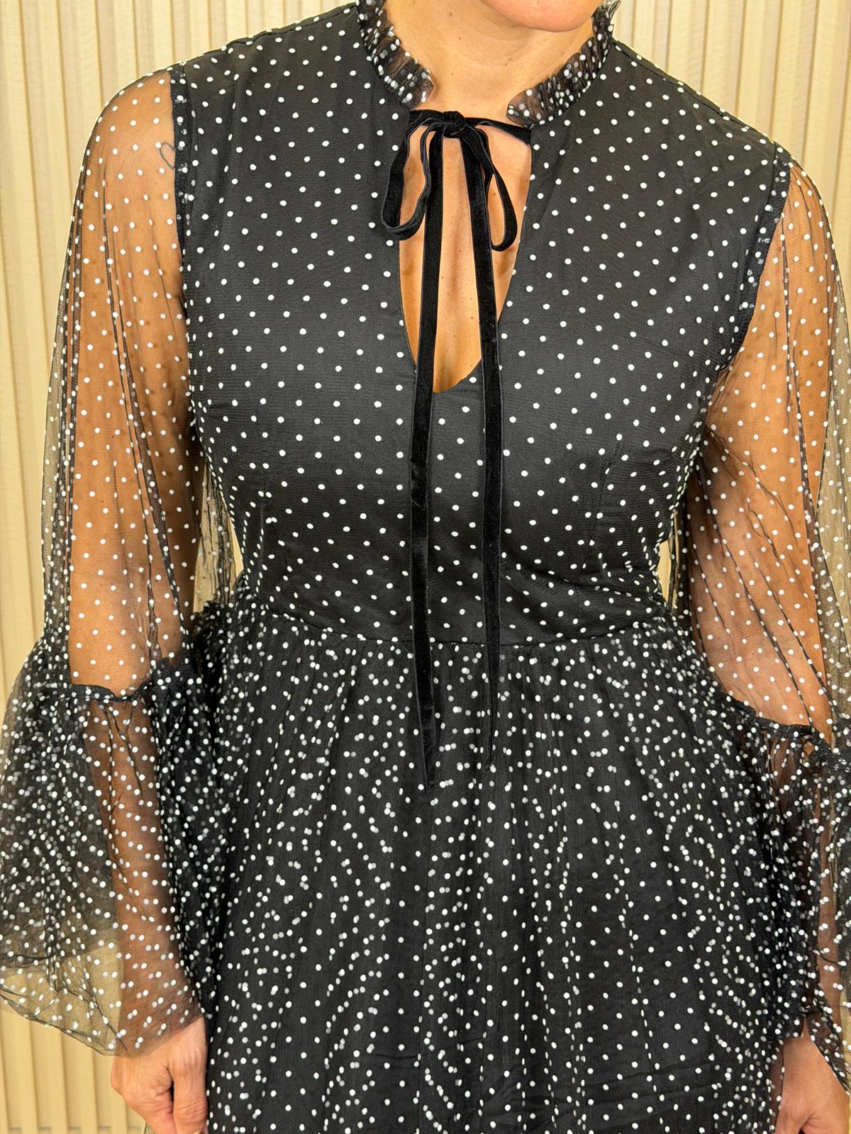 Polka Dot Mesh Layered Sleeve Maxi Dress